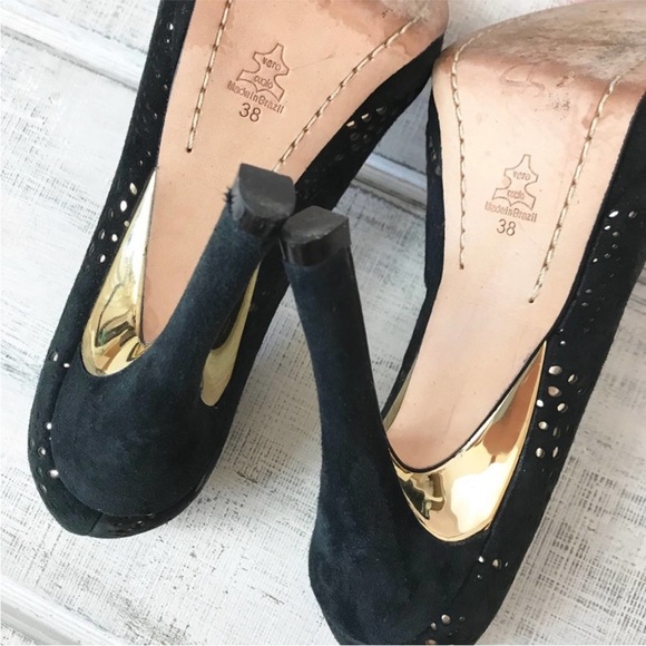 Alice + Olivia Suede Laser Cut Pumps -black and gold,  size EUR 38 - Picture 6 of 6
